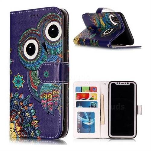Folk Owl 3D Relief Oil PU Leather Wallet Case for iPhone XS / X / 10 (5.8 inch)