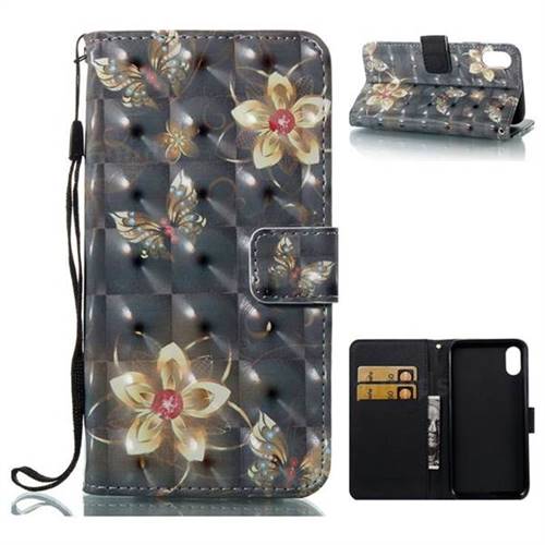 Golden Flower Butterfly 3D Painted Leather Wallet Case for iPhone XS / X / 10 (5.8 inch)