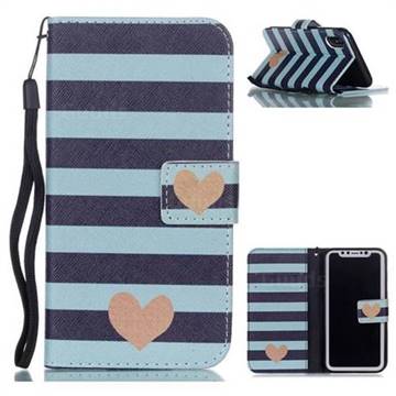 Blue Stripe Heart Leather Wallet Phone Case for iPhone XS / X / 10 (5.8 inch)