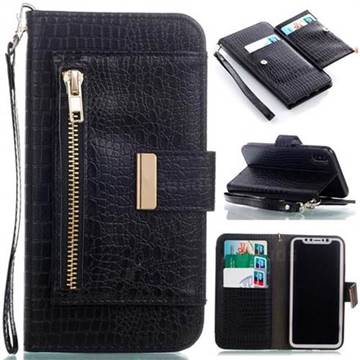 Retro Crocodile Zippers Leather Wallet Case for iPhone XS / X / 10 (5.8 inch) - Black