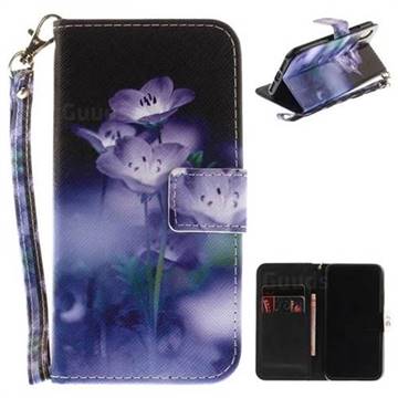 Blue Flowers Hand Strap Leather Wallet Case for iPhone XS / X / 10 (5.8 inch)
