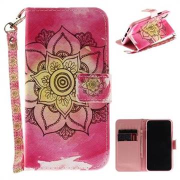 Pink Rose Hand Strap Leather Wallet Case for iPhone XS / X / 10 (5.8 inch)