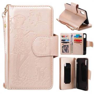Embossing Cat Girl 9 Card Leather Wallet Case for iPhone XS / X / 10 (5.8 inch) - Gold