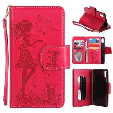 Embossing Cat Girl 9 Card Leather Wallet Case for iPhone XS / X / 10 (5.8 inch) - Red