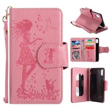 Embossing Cat Girl 9 Card Leather Wallet Case for iPhone XS / X / 10 (5.8 inch) - Pink
