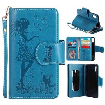 Embossing Cat Girl 9 Card Leather Wallet Case for iPhone XS / X / 10 (5.8 inch) - Blue