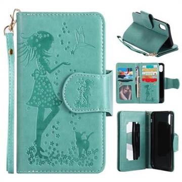 Embossing Cat Girl 9 Card Leather Wallet Case for iPhone XS / X / 10 (5.8 inch) - Green