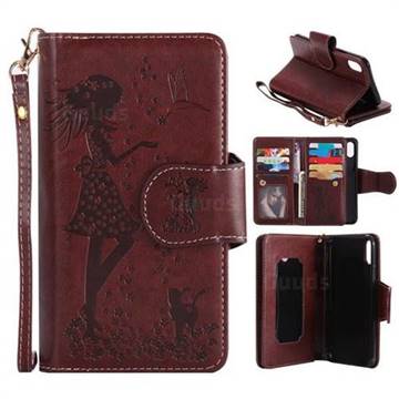 Embossing Cat Girl 9 Card Leather Wallet Case for iPhone XS / X / 10 (5.8 inch) - Brown