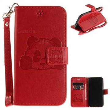 Embossing 3D Panda Leather Wallet Case for iPhone XS / X / 10 (5.8 inch) - Red