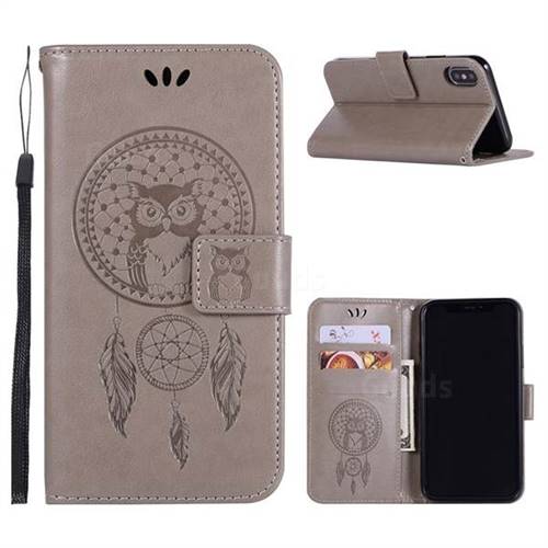 Intricate Embossing Owl Campanula Leather Wallet Case for iPhone XS / X / 10 (5.8 inch) - Grey