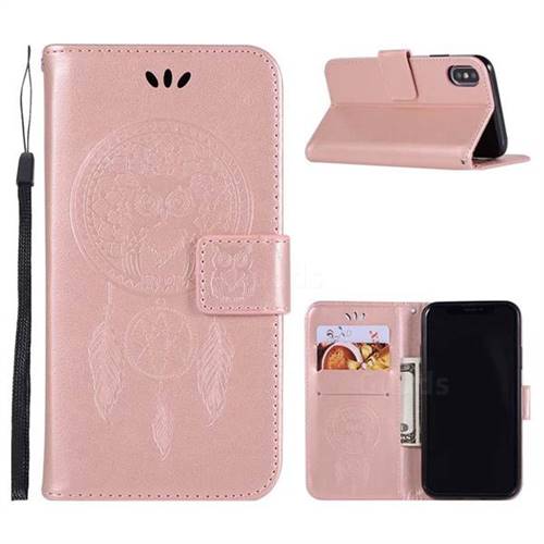 Intricate Embossing Owl Campanula Leather Wallet Case for iPhone XS / X / 10 (5.8 inch) - Rose Gold