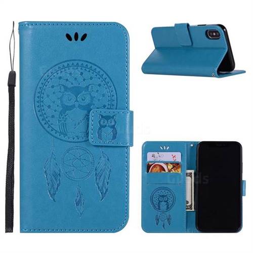Intricate Embossing Owl Campanula Leather Wallet Case for iPhone XS / X / 10 (5.8 inch) - Blue