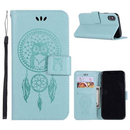 Intricate Embossing Owl Campanula Leather Wallet Case for iPhone XS / X / 10 (5.8 inch) - Green