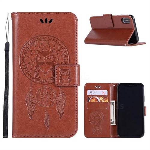 Intricate Embossing Owl Campanula Leather Wallet Case for iPhone XS / X / 10 (5.8 inch) - Brown
