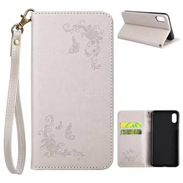 Intricate Embossing Slim Butterfly Rose Leather Holster Case for iPhone XS / X / 10 (5.8 inch) - Grey