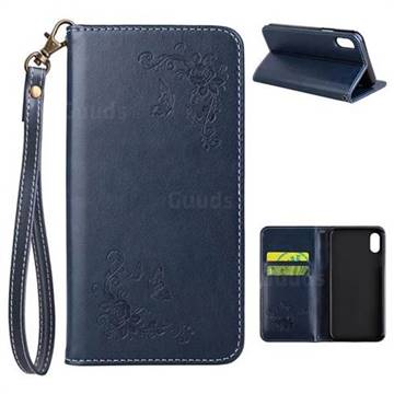 Intricate Embossing Slim Butterfly Rose Leather Holster Case for iPhone XS / X / 10 (5.8 inch) - Navy