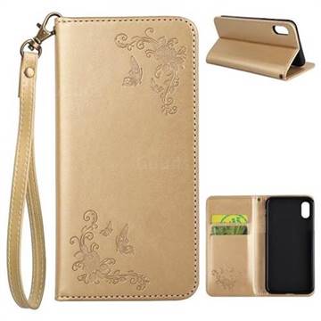Intricate Embossing Slim Butterfly Rose Leather Holster Case for iPhone XS / X / 10 (5.8 inch) - Golden