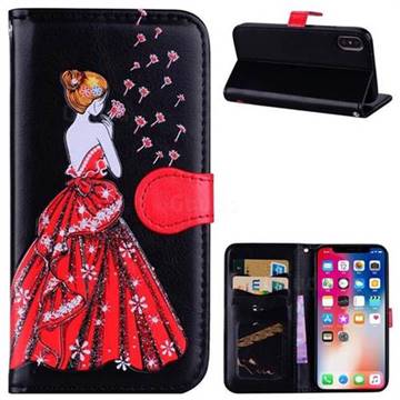 Dandelion Wedding Dress Girl Flash Powder Leather Wallet Holster Case for iPhone XS / X / 10 (5.8 inch) - Black