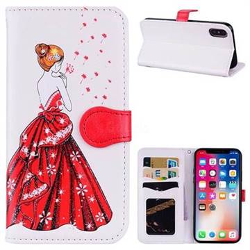 Dandelion Wedding Dress Girl Flash Powder Leather Wallet Holster Case for iPhone XS / X / 10 (5.8 inch) - White