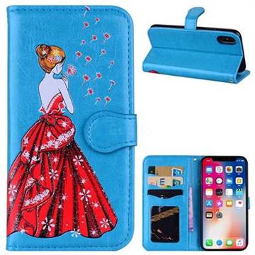 Dandelion Wedding Dress Girl Flash Powder Leather Wallet Holster Case for iPhone XS / X / 10 (5.8 inch) - Blue