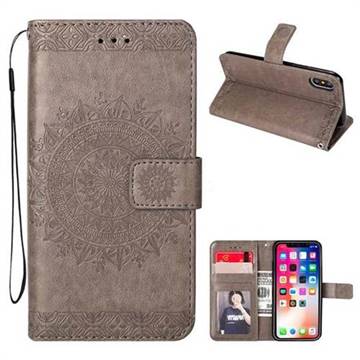 Intricate Embossing Totem Flower Leather Wallet Case for iPhone XS / X / 10 (5.8 inch) - Gray