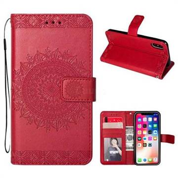 Intricate Embossing Totem Flower Leather Wallet Case for iPhone XS / X / 10 (5.8 inch) - Red