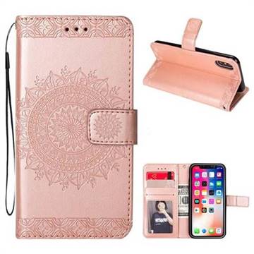 Intricate Embossing Totem Flower Leather Wallet Case for iPhone XS / X / 10 (5.8 inch) - Rose Gold