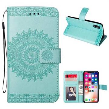 Intricate Embossing Totem Flower Leather Wallet Case for iPhone XS / X / 10 (5.8 inch) - Mint Green