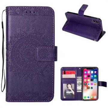 Intricate Embossing Totem Flower Leather Wallet Case for iPhone XS / X / 10 (5.8 inch) - Purple