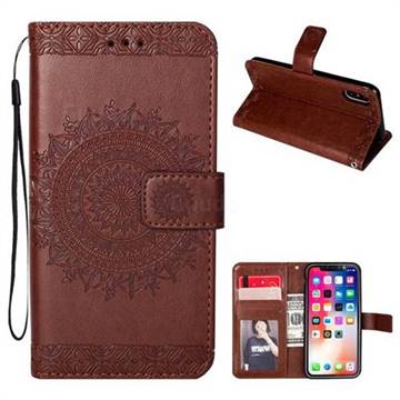 Intricate Embossing Totem Flower Leather Wallet Case for iPhone XS / X / 10 (5.8 inch) - Brown