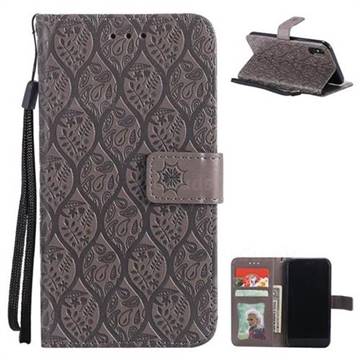 Intricate Embossing Rattan Flower Leather Wallet Case for iPhone XS / X / 10 (5.8 inch) - Grey