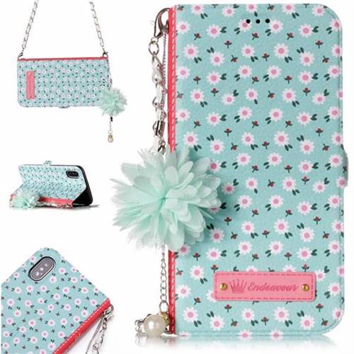 Daisy Endeavour Florid Pearl Flower Pendant Metal Strap PU Leather Wallet Case for iPhone XS / X / 10 (5.8 inch)
