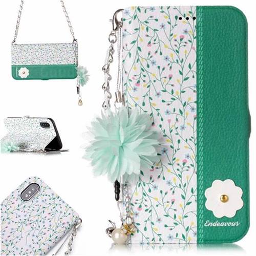 Magnolia Endeavour Florid Pearl Flower Pendant Metal Strap PU Leather Wallet Case for iPhone XS / X / 10 (5.8 inch)