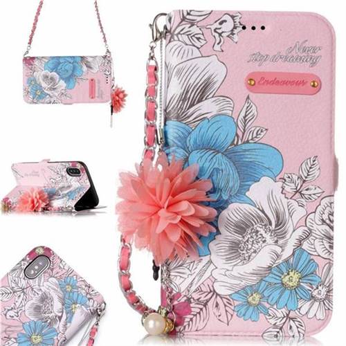Pink Blue Rose Endeavour Florid Pearl Flower Pendant Metal Strap PU Leather Wallet Case for iPhone XS / X / 10 (5.8 inch)