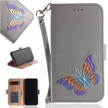 Imprint Embossing Butterfly Leather Wallet Case for iPhone XS / X / 10 (5.8 inch) - Grey