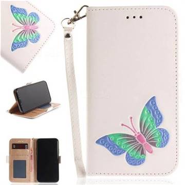 Imprint Embossing Butterfly Leather Wallet Case for iPhone XS / X / 10 (5.8 inch) - White