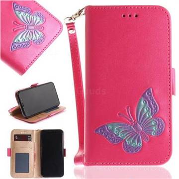Imprint Embossing Butterfly Leather Wallet Case for iPhone XS / X / 10 (5.8 inch) - Rose Red