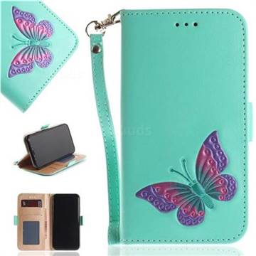 Imprint Embossing Butterfly Leather Wallet Case for iPhone XS / X / 10 (5.8 inch) - Mint Green