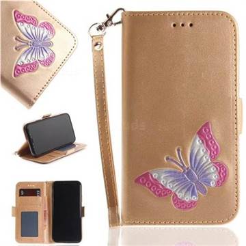 Imprint Embossing Butterfly Leather Wallet Case for iPhone XS / X / 10 (5.8 inch) - Golden