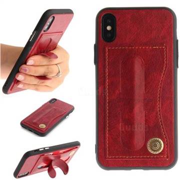Retro Leather Coated Back Cover with Hidden Kickstand and Card Slot for iPhone XS / X / 10 (5.8 inch) - Red