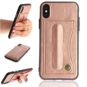 Retro Leather Coated Back Cover with Hidden Kickstand and Card Slot for iPhone XS / X / 10 (5.8 inch) - Rose Gold