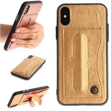 Retro Leather Coated Back Cover with Hidden Kickstand and Card Slot for iPhone XS / X / 10 (5.8 inch) - Golden