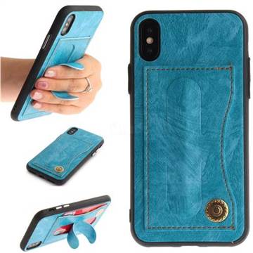 Retro Leather Coated Back Cover with Hidden Kickstand and Card Slot for iPhone XS / X / 10 (5.8 inch) - Sky Blue