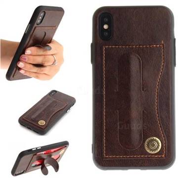 Retro Leather Coated Back Cover with Hidden Kickstand and Card Slot for iPhone XS / X / 10 (5.8 inch) - Coffee