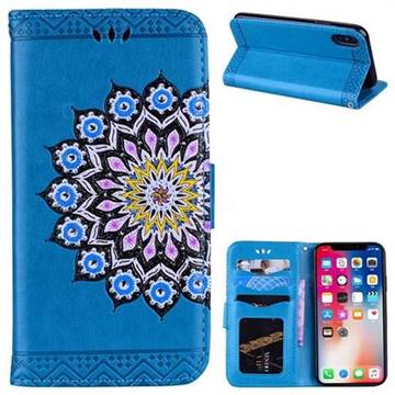 Datura Flowers Flash Powder Leather Wallet Holster Case for iPhone XS / X / 10 (5.8 inch) - Blue