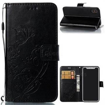 Embossing Butterfly Flower Leather Wallet Case for iPhone XS / X / 10 (5.8 inch) - Black