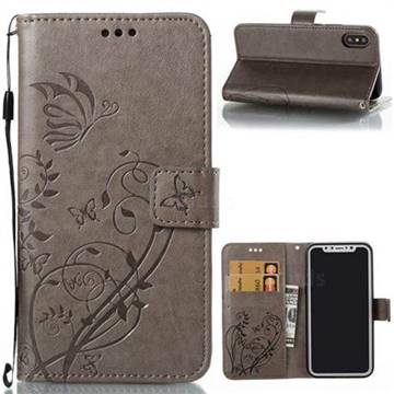 Embossing Butterfly Flower Leather Wallet Case for iPhone XS / X / 10 (5.8 inch) - Grey