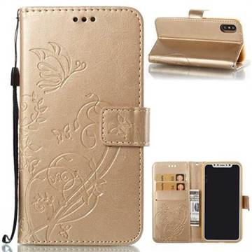 Embossing Butterfly Flower Leather Wallet Case for iPhone XS / X / 10 (5.8 inch) - Champagne