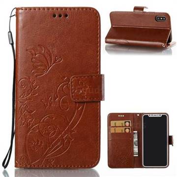 Embossing Butterfly Flower Leather Wallet Case for iPhone XS / X / 10 (5.8 inch) - Brown