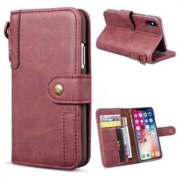 Retro Luxury Cowhide Leather Wallet Case for iPhone XS / X / 10 (5.8 inch) - Wine Red